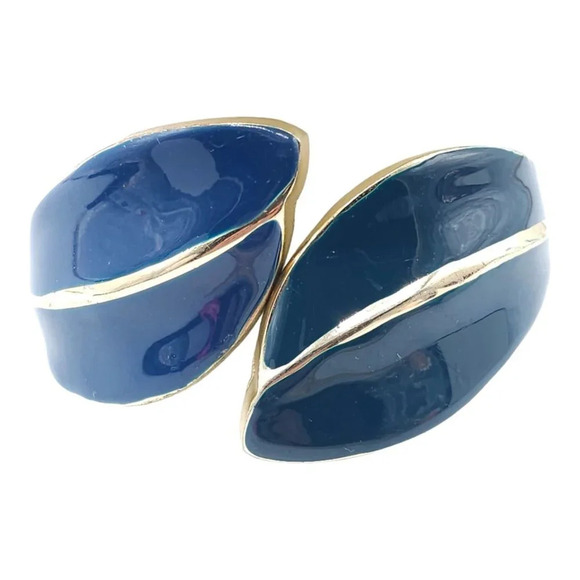 Plain Blue Enamel Hinged Asymmetrical Bangle Bracelet Gold Tone Vintage 1980s - Picture 1 of 9